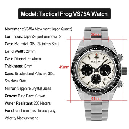 Tactical Frog Quartz Watch VS75 Solar Chronograph Sapphire 200m Waterproof Luxury Watch Luminous Quartz Movement 41mm Mens Watch