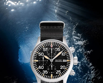 Baltany Quartz Chronograph S5045 Sunburst Blue Dial VK67 100M Stainless Steel Calendar Window Sapphire Vintage Military Watches