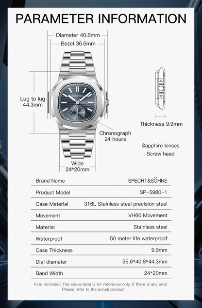Relógio masculino ultrafino Specht & Söhne New Classic 40.8MM, movimento Japan VH60, vidro de safira, relógio desportivo 5980, resistente à água 50M