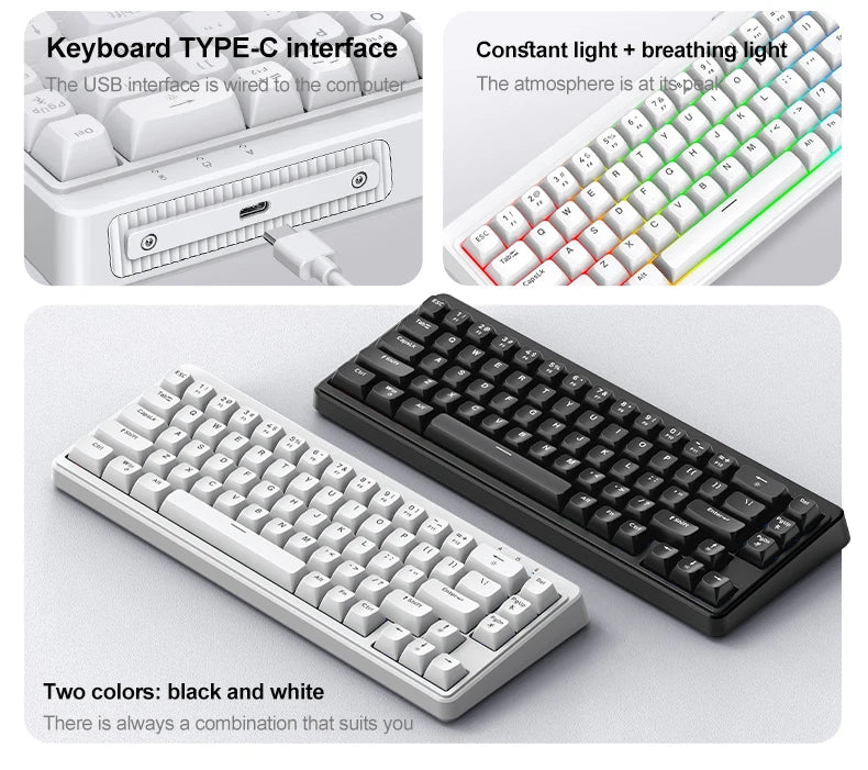 FREEWOLF M68SE 68 key wired mini keyboard, designed ergonomically, dazzling lights and compatible with multiple systems