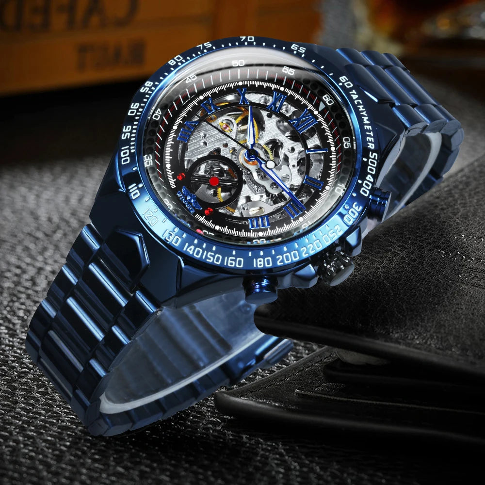 Ceas automat pentru bărbați WINNER – Model scheletat transparent, ace luminescente, brățară din oțel inoxidabil, ceas mecanic de lux