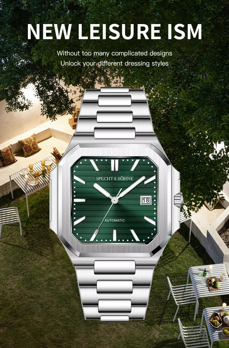 2025 Specht & Söhne Men's Classic Cubic Automatic Mechanical Watch 50M Waterproof Luminous Sapphire Crystal Reloj Hombre 41MM