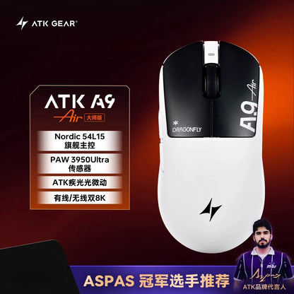 ATK Dragonfly A9 kabellose Bluetooth-Gaming-Maus, ergonomisches Design, schnelle Reaktion, PAW3950 Ultra, 800mAh, leicht, 8KHz, E-Sports