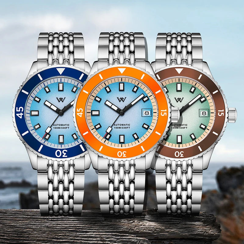 WM Watch Automatic Mechanical Diver Watches Men Sparkle Grain Gradient Dial Ceramic Bezel NH35 AR Coated Welly Merck Watch WM212