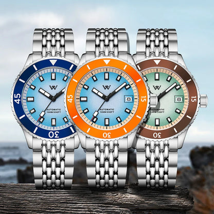 WM Watch Automatic Mechanical Diver Watches Men Sparkle Grain Gradient Dial Ceramic Bezel NH35 AR Coated Welly Merck Watch WM212