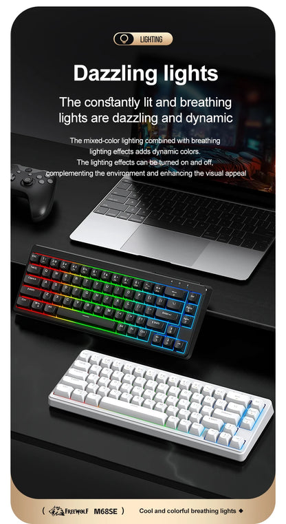 FREEWOLF M68SE Mini-Tastatur mit 68 Tasten, kabelgebunden, RGB-Hintergrundbeleuchtung, Type-C, 68-%-Layout, kompakt, für Gaming, Büro, PC und Laptop