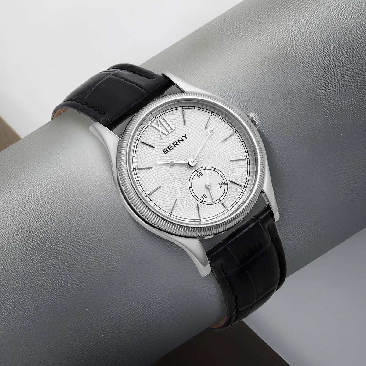 BERNY Men's Watches Luxury Classic Stylish Dress Quartz Watch Slim Stainless Steel Case Elegance Leather Strap Wristwatch