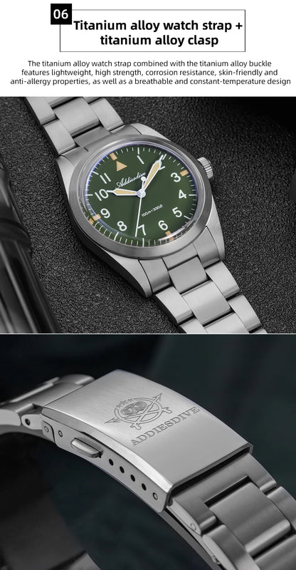 ADDIESDIVE 36mm AD2502 Watch for Men 100M Waterproof Titanium Alloy VH31 Movement Bubble Mirror Glass Luminous Quartz Watches