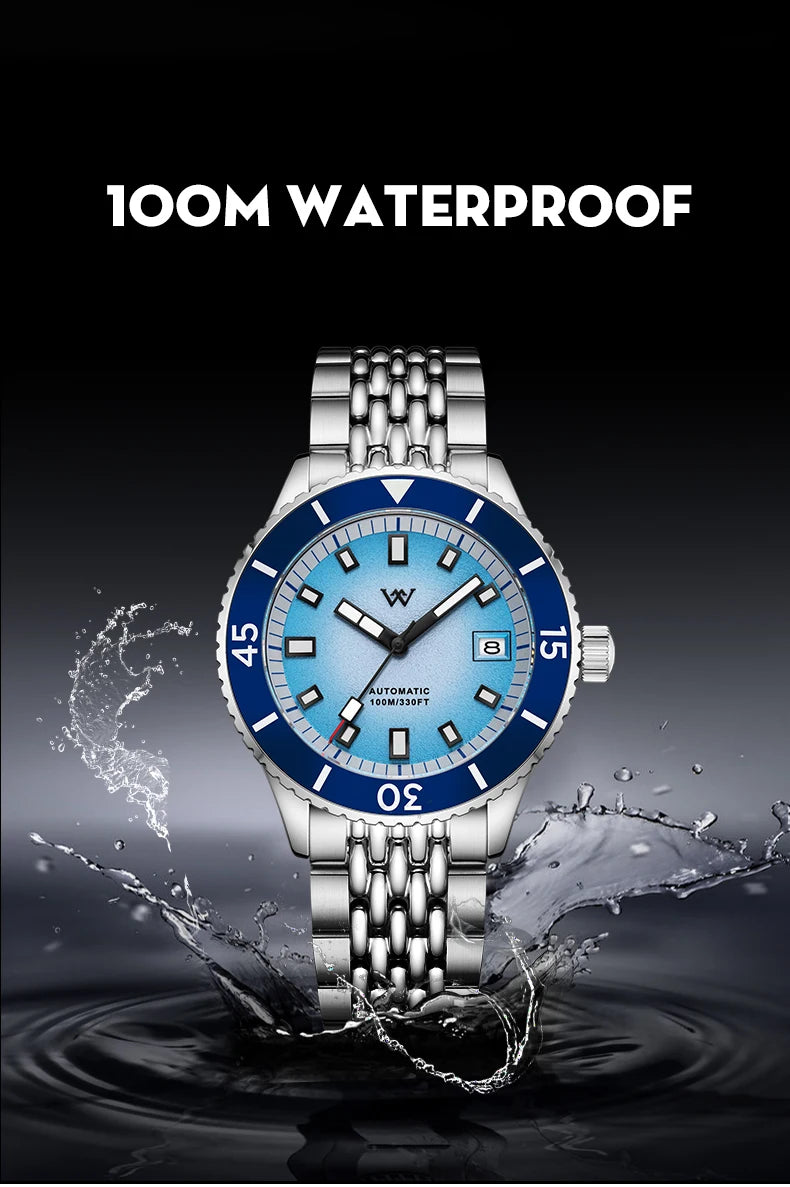WM Watch Automatic Mechanical Diver Watches Men Sparkle Grain Gradient Dial Ceramic Bezel NH35 AR Coated Welly Merck Watch WM212