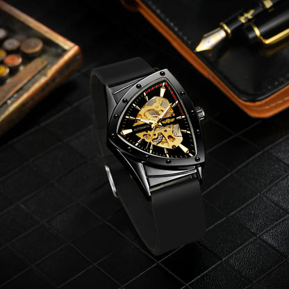 WINNER High Quality Watch for Men Triangle Steel Skeleton Mechanical Automatic Movement Clockwork Waterproof Rubber strap Wrist