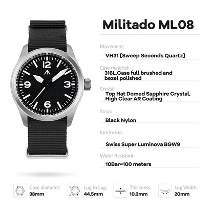 Militado ML08 Quartz Watch VH31/Ronda 515 Quartz Movement Vintage Watch Double Domed Sapphire Crystal BGW9 Luminous Men's Watch