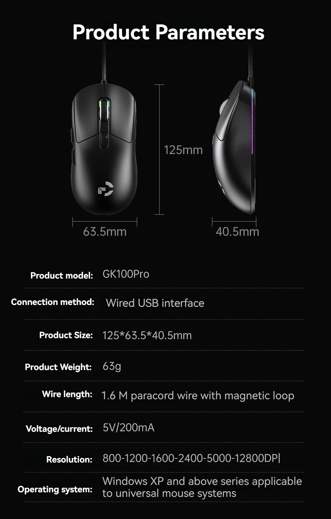 Mouse de gaming cu fir, 6 niveluri DPI ajustabile până la 12800DPI, cip Instant A825, iluminare RGB, programare macro, design ergonomic, mouse universal