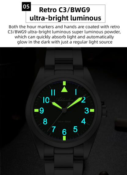 ADDIESDIVE 36mm AD2502 Watch for Men 100M Waterproof Titanium Alloy VH31 Movement Bubble Mirror Glass Luminous Quartz Watches