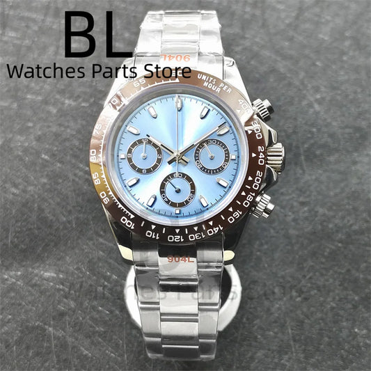 BLIGER 39mm VK63 Men's Quartz Chronograph Watch Ceramic Brown Insert Ice Blue Dial With C3 Luminous Sapphire Crystal Waterproof