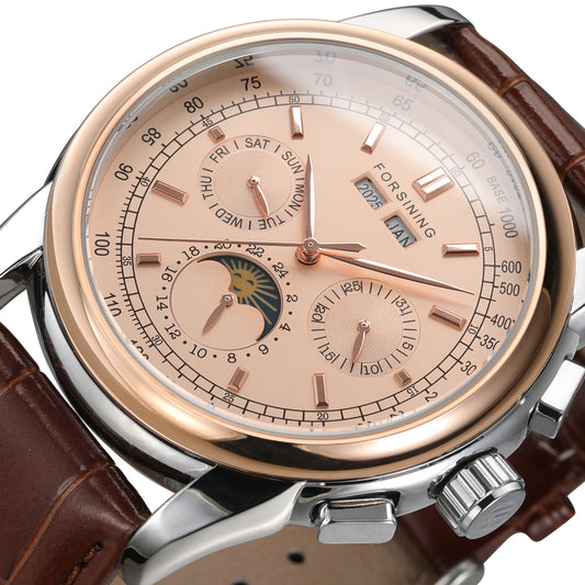 Forsining Retro Mechancial Watches Moon Phase Shanghai Movement Rose Gold Case Brown Leather Strap Luxury Automatic Mens Watch