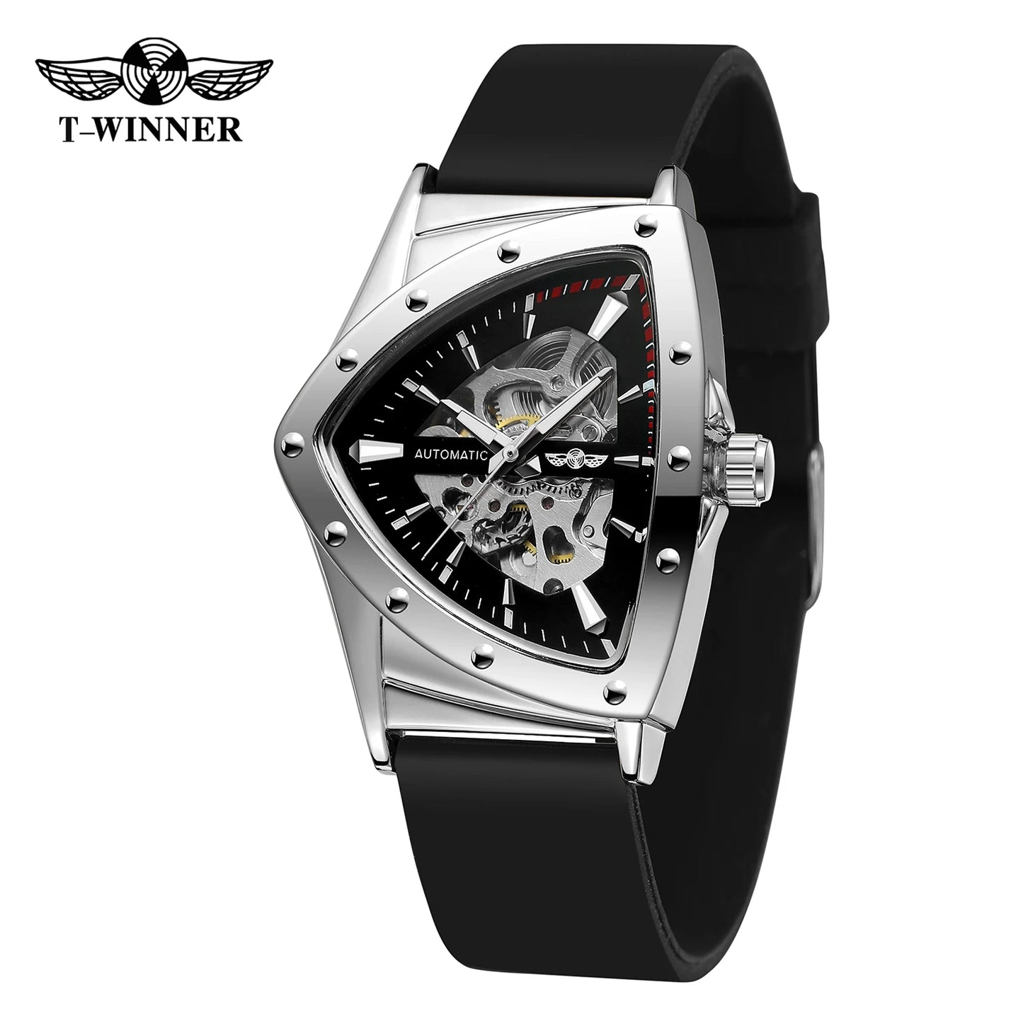 WINNER High Quality Watch for Men Triangle Steel Skeleton Mechanical Automatic Movement Clockwork Waterproof Rubber strap Wrist