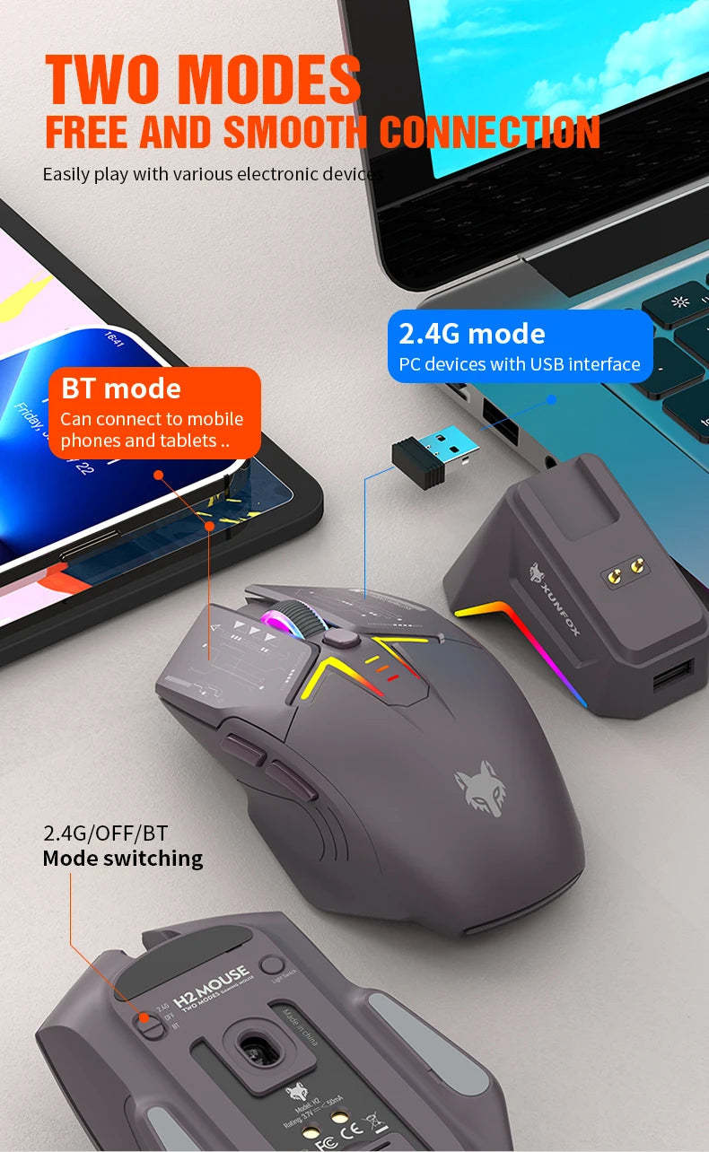XUNSVFOX H2 Wireless Bluetooth Dual-Mode Mouse with RGB Lighting Effect for Laptop Gaming and Office, Magnetic Charging