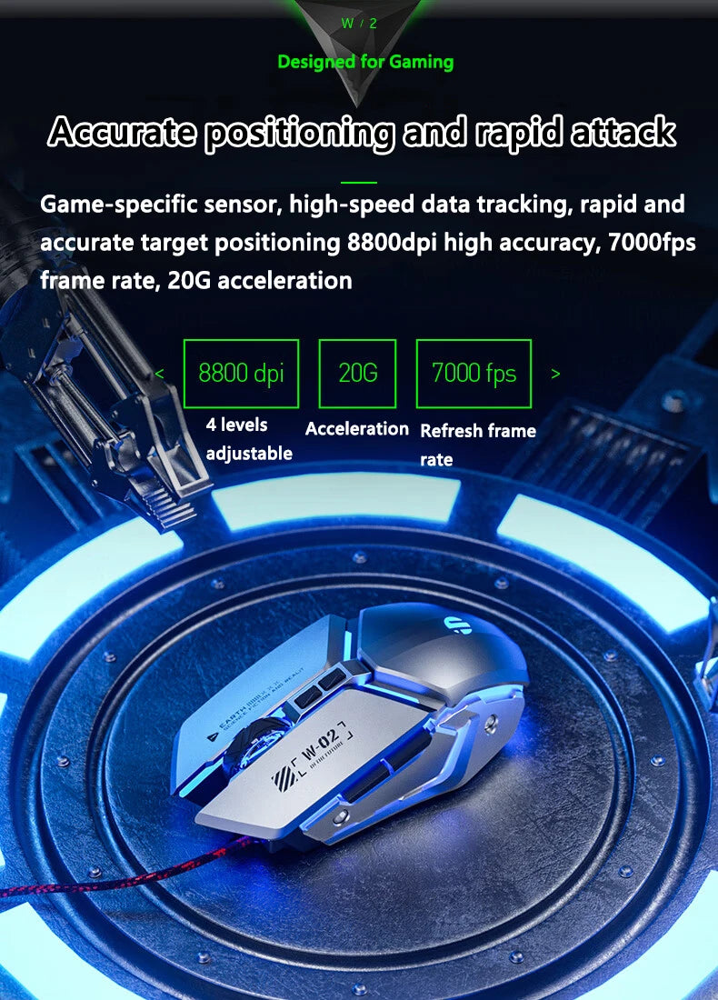 Mouse de gaming cu fir USB Inphic W2 a 2-a generație, clic silențios, stil metalic, 6 taste, programare macro, 8800DPI