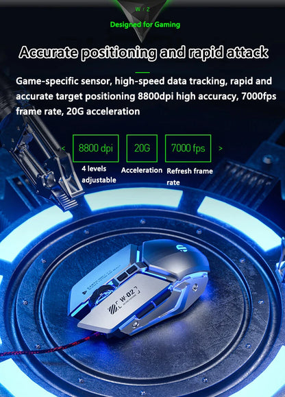 Mouse de gaming cu fir USB Inphic W2 a 2-a generație, clic silențios, stil metalic, 6 taste, programare macro, 8800DPI
