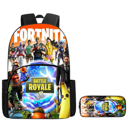 Fortnite Cartoon 2-Piece Set Backpack with Front Pocket Pencil Case Unisex Large Capacity School Bag Ages 5-8