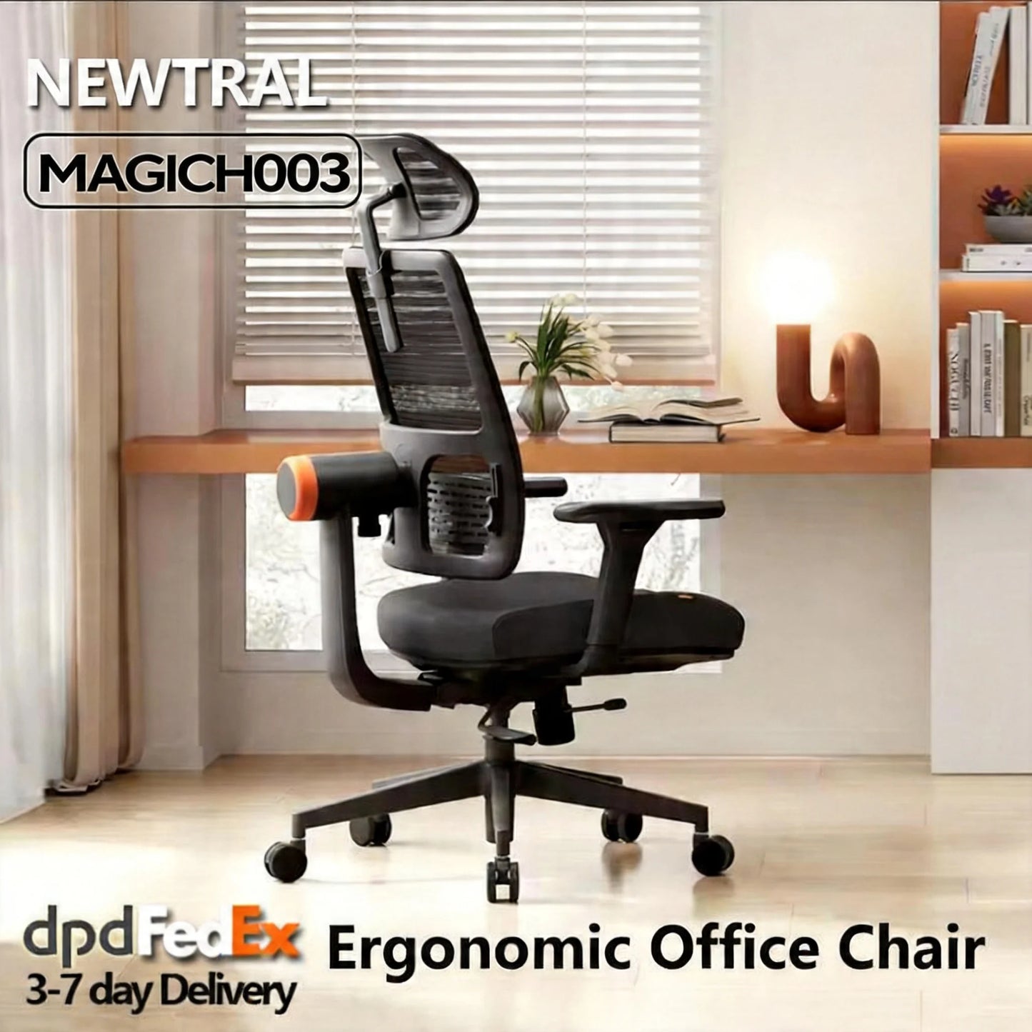 NEWTRAL MAGICH003 Ergonomic Office Chair, Auto-Following Backrest, Adaptive Lower Lumbar Support, Adjustable Headrest Seat Depth
