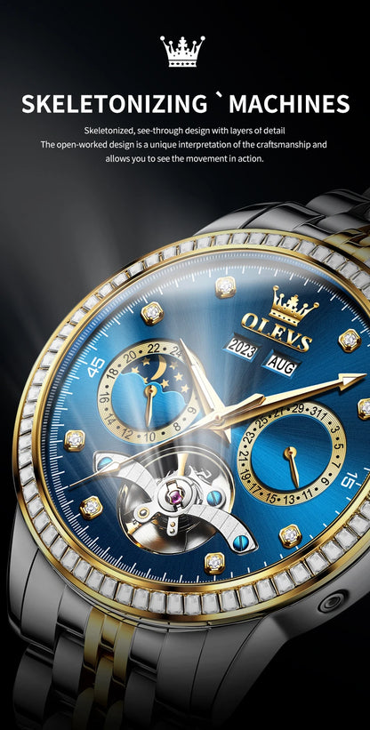 OLEVS 7016 Automatic Man Watch Stainless Steel Diamond Bezel Skeleton Flywheel Moon Phase Luminous Waterproof Mechanical Watches