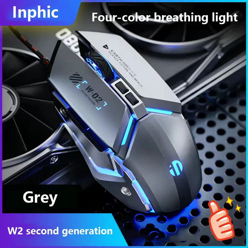 Mouse de gaming cu fir USB Inphic W2 a 2-a generație, clic silențios, stil metalic, 6 taste, programare macro, 8800DPI