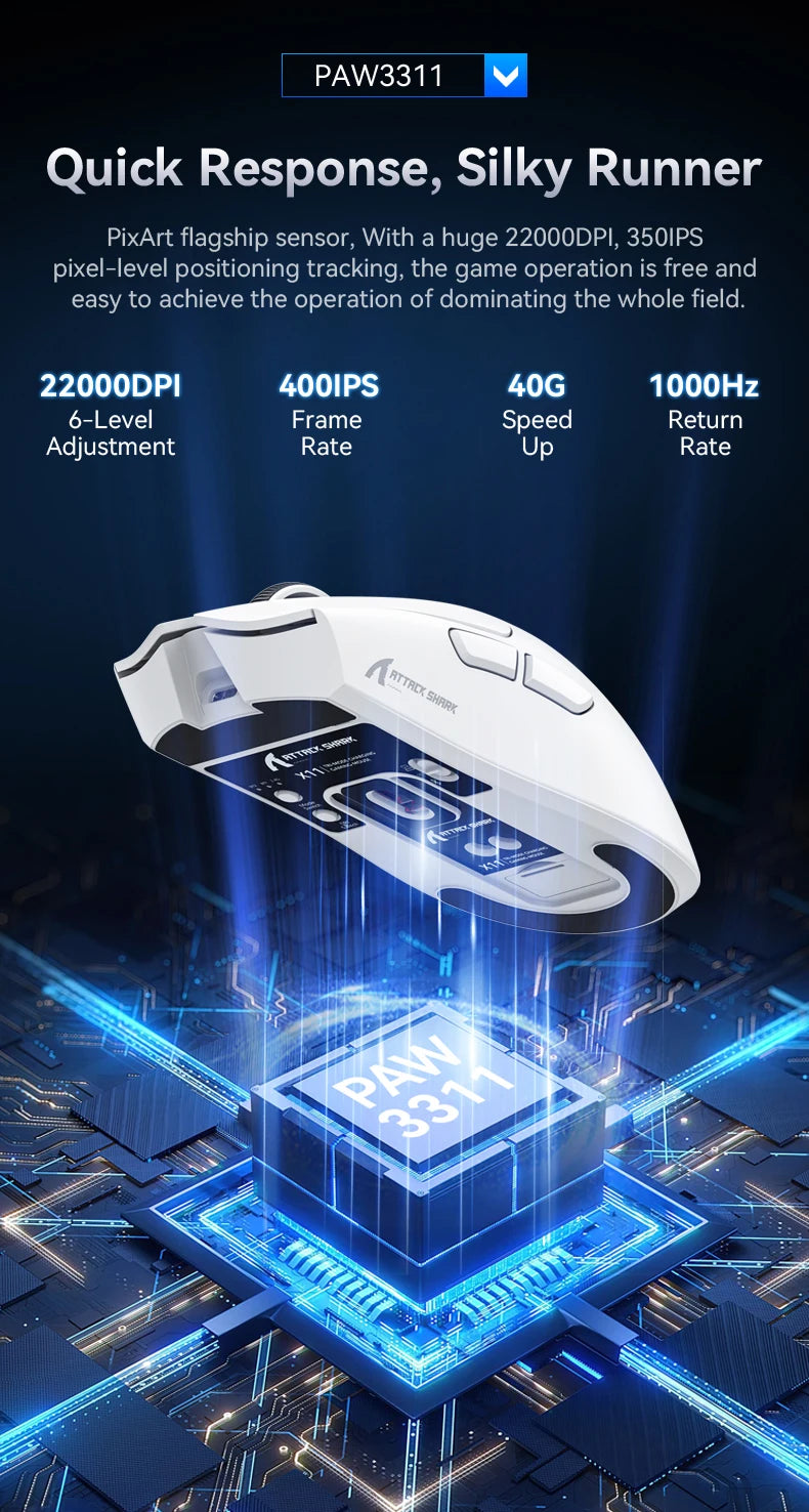 Attack Shark X11&R1 třirežimová bezdrátová Bluetooth myš s nabíjecí základnou, RGB, ergonomická, lehká myš, příslušenství pro PC hráče