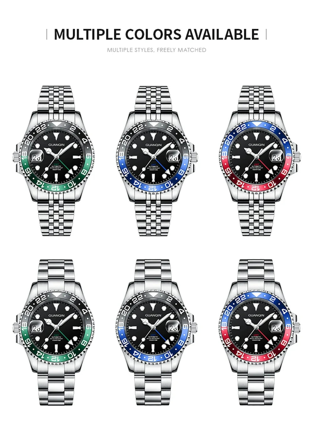 GUANQIN GMT Herrenuhren 2025 Neue Automatikuhr für Herren NH34 Mechanische Armbanduhr Saphirglas Edelstahlgehäuse Linkshänder
