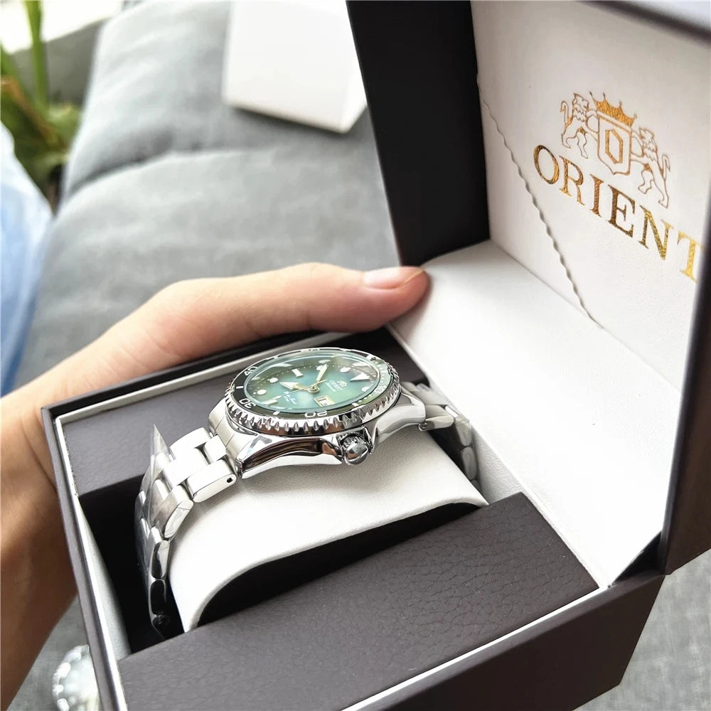 Orient Men's 200M Waterproof Automatic Dive Watch Dial Stainless Steel Bracelet Day Date Self-Winding Luminous Wristwatch