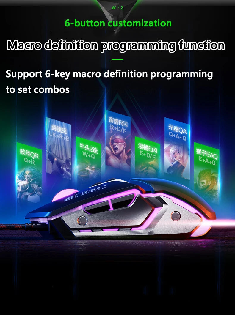 Mouse de gaming cu fir USB Inphic W2 a 2-a generație, clic silențios, stil metalic, 6 taste, programare macro, 8800DPI