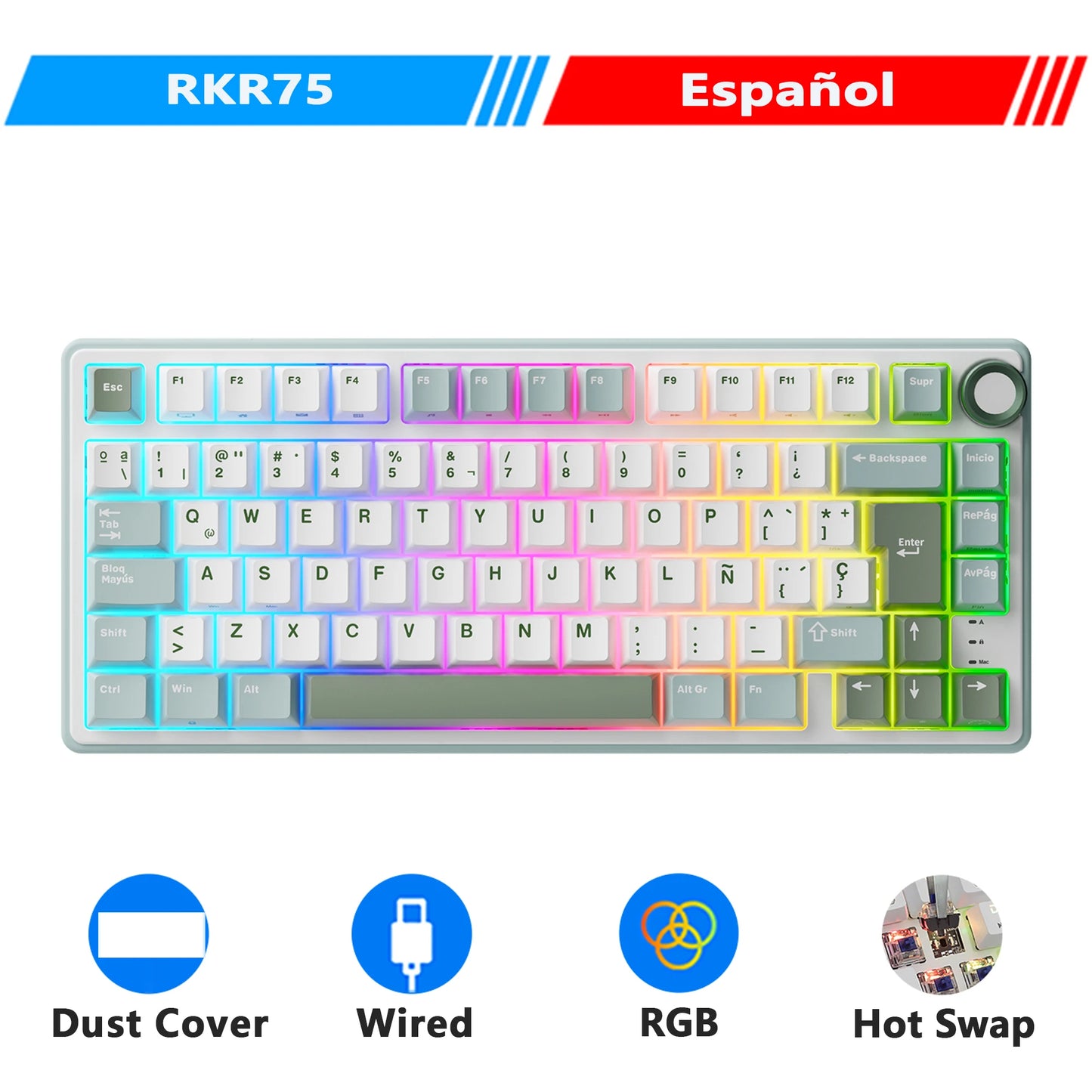 RK Royal Kludge R75 Gasket Wired Mechanical Keyboard 80 Keys RGB Backlit Hot-Swappable Spanish Gamer Keyboard MDA PBT Keycaps