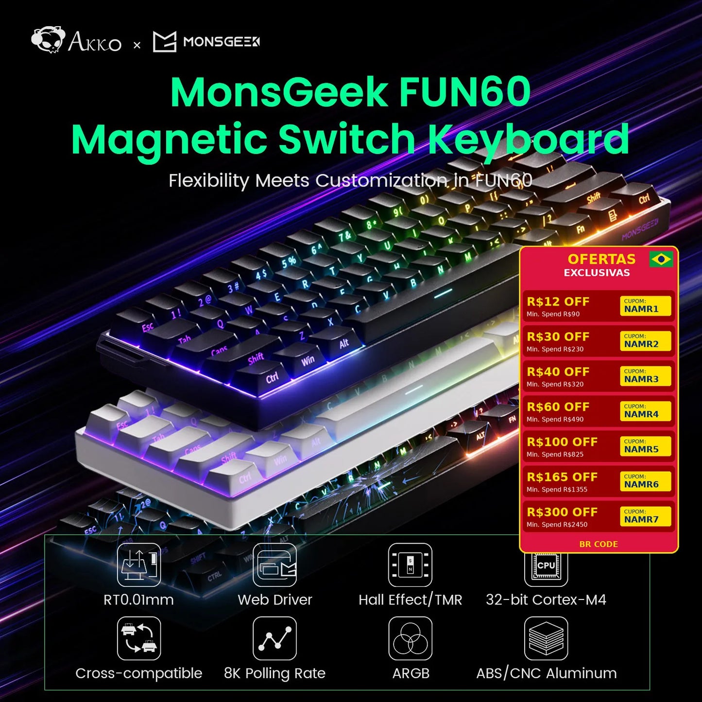 Teclado mecánico Akko MonsGeek FUN60 con interruptores magnéticos 60% para gaming, Rapid Trigger 0.01mm, 8K ARGB, teclado personalizado HE/TMR