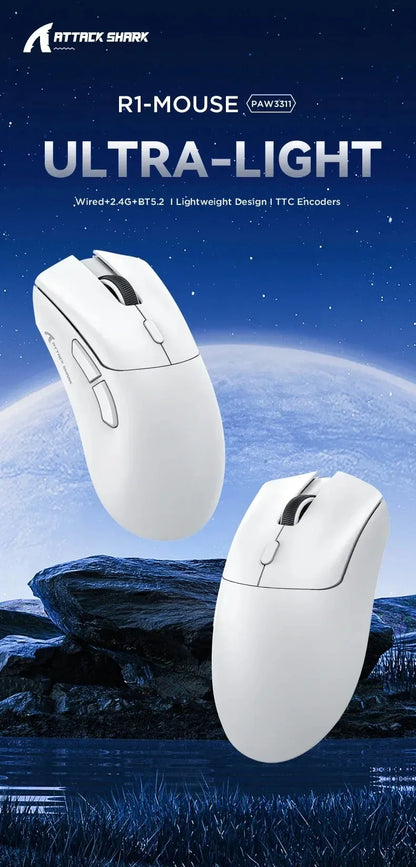Mouse ultra-leggero ATTACK SHARK R1 59g con PAW3311, 18000DPI, 400IPS, 40G, 1000Hz, Tri-Mode, master Broadcom BK3633, 20 milioni di clic