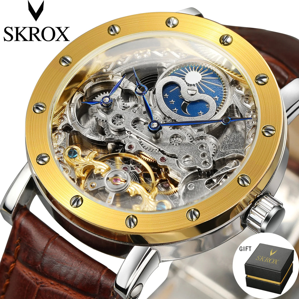 Avtomatska mehanska zapestna ura SKROX za moške, skeletni model s funkcijo GMT, prikazom luninih faz in turbijonom – elegantna in izvirna luksuzna ura najvišjega razreda.