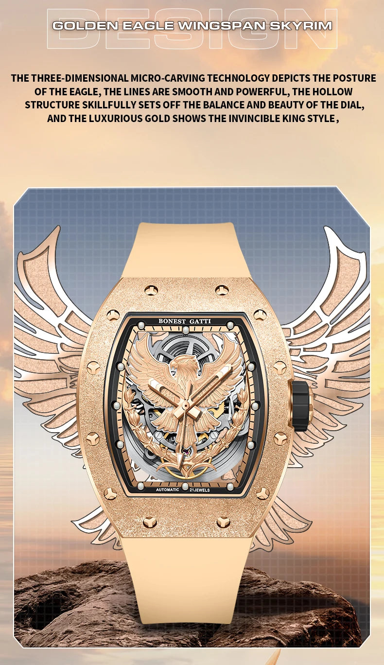 BONEST GATTI Luxury Men Hollow Automatic Mechanical Watches Tonneau Sapphire Crystal Luminous Hollow Eagle Dial Rubber Strapes