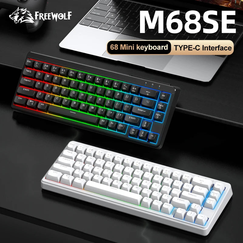 FREEWOLF M68SE 68 key wired mini keyboard, designed ergonomically, dazzling lights and compatible with multiple systems