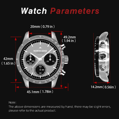 NORTH EDGE 2025 LONGWINGS Men Quartz Watch Solar Powered Stopwatch Waterproof 50M 316 Full Stainless Steel Luminous Pilot Watch