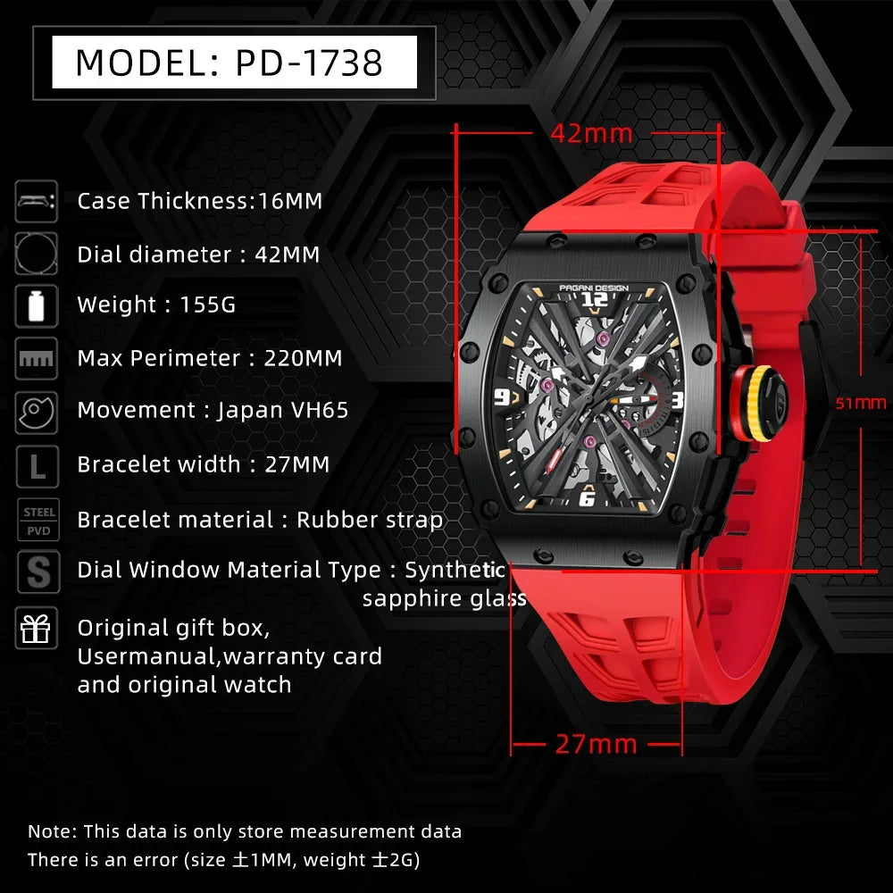 PAGANI DESIGN 42 MM Herren-Skelett-Quarzuhr Japan VH65 Saphirglas Edelstahl 50M wasserdicht Armbanduhren PD1738 Neu