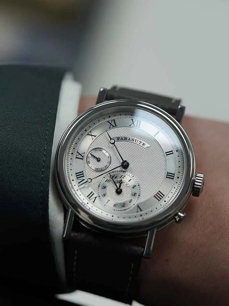 FARASUTE Retro Luxury Alarm Clock Quartz Watch Men Waterproof Night Light Wristwatch Casual Sapphire Stainless Steel Male Reloj