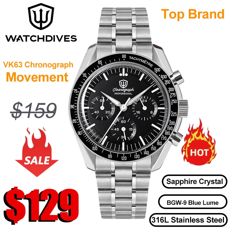 Watchdives New Wd1863 Quartz Men's Watch VK63 Chronograph Bubble Sapphire Waterproof 39Mm Steel Top Brand Luxury Business Watch