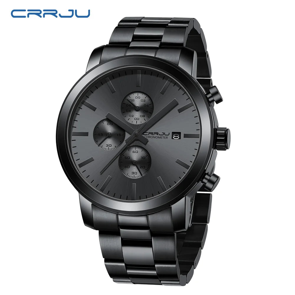Ceas pentru bărbați CRRJU – Cronograf din oțel inoxidabil, rezistent la apă, cu afișaj al datei, mecanism analogic cu cuarț, stil elegant și profesional