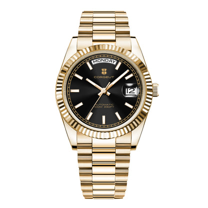 Orologio meccanico da uomo CORGEUT NH36 con indicazione di giorno e data, bracciale President, cassa in acciaio, lunetta arcuata filettata, impermeabile
