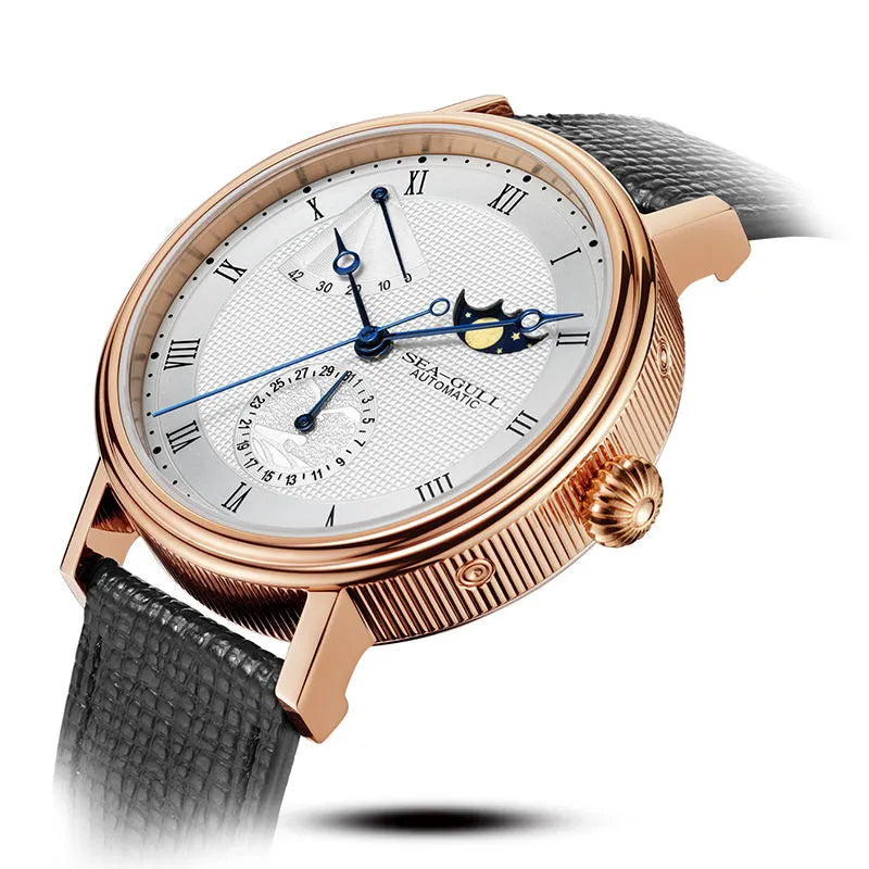 Seagull Men's Business Wristwatch Moon Phase Leather Luxury Automatic Mechanical Men's Watches 50M Waterproof Relogio 6092