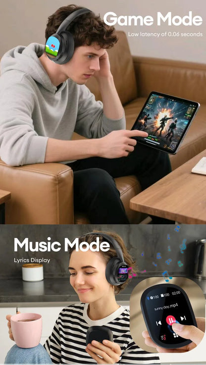 Auscultadores Bluetooth sem fios com ecrã tátil LCD AI – Headset gaming com cancelamento de ruído ANC, graves profundos e microfone HD