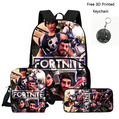FORTNITE 3-teiliges Schulrucksack-Set, Umhängetasche mit Fronttasche und Federmäppchen, für Jungen und Mädchen von 5–10 Jahren, leicht, mit kostenlosem 3D-bedrucktem Schlüsselanhänger