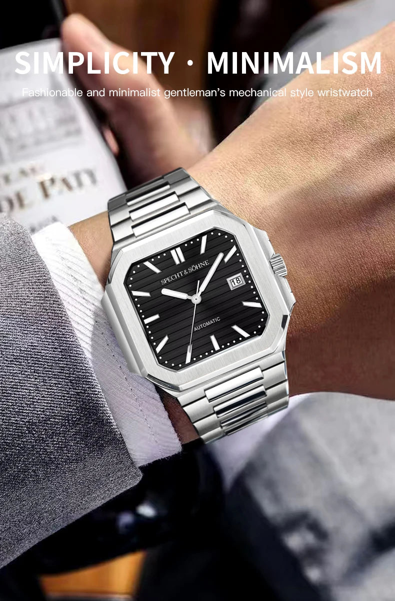 2025 Specht & Söhne Men's Classic Cubic Automatic Mechanical Watch 50M Waterproof Luminous Sapphire Crystal Reloj Hombre 41MM
