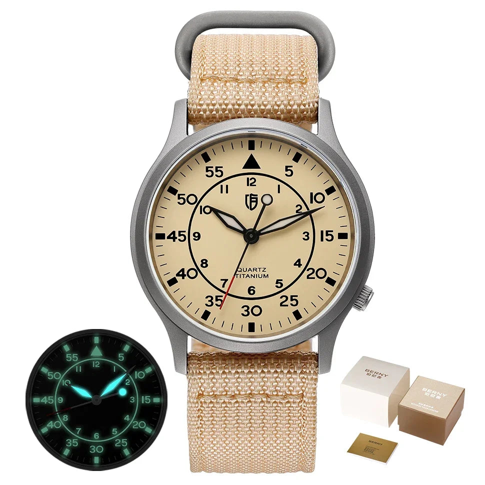 BERNY Titanium Men Quartz Watch AR Coating Sapphire Fashion Wristwatch Luminous VH31 Ultra-thin Wristwatch Waterproof 5ATM Watch
