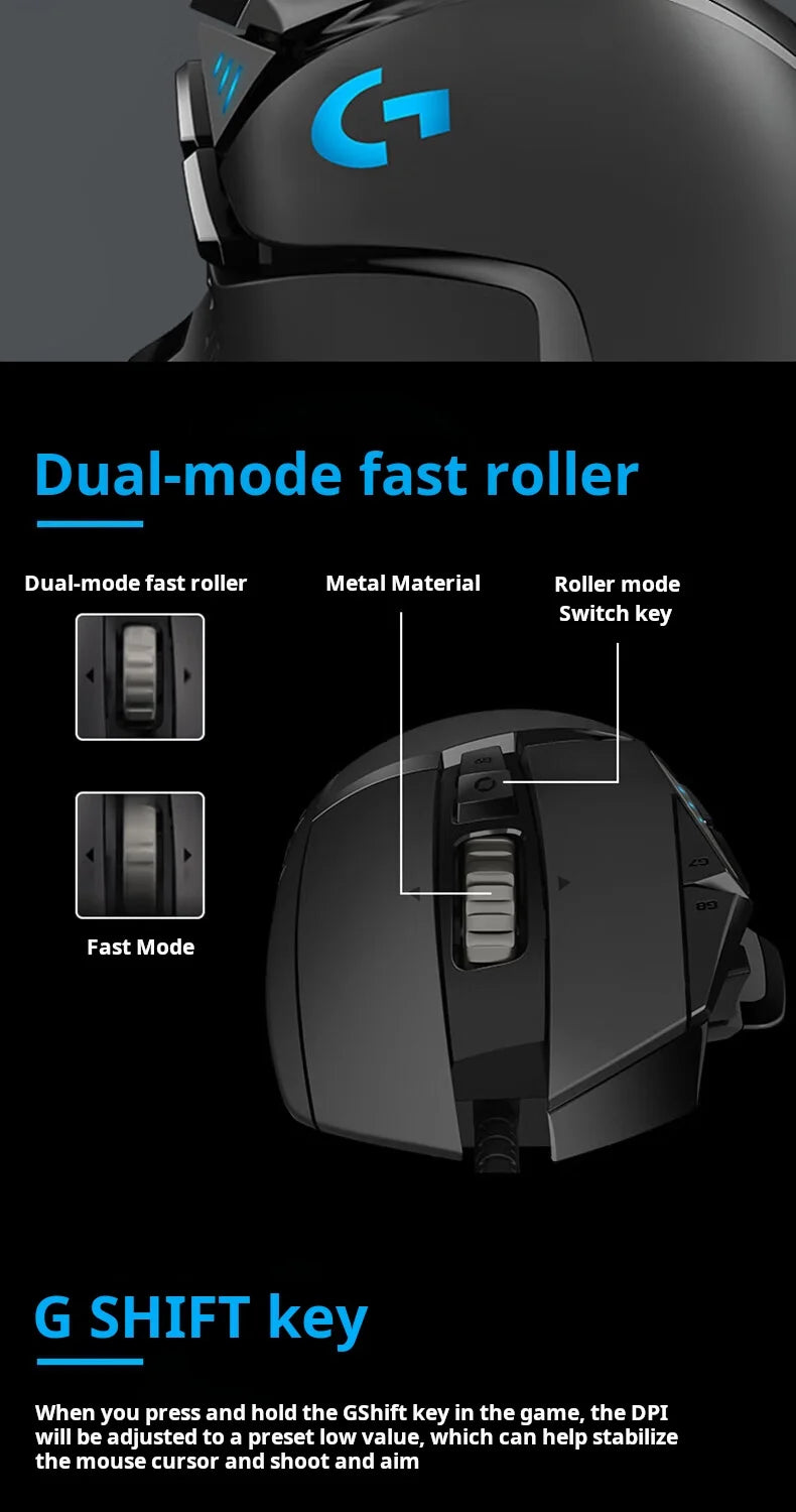 Rato gaming com cabo Logitech G502 HERO para e-sports, rato mecânico RGB com peso ajustável e macro programável para battle royale