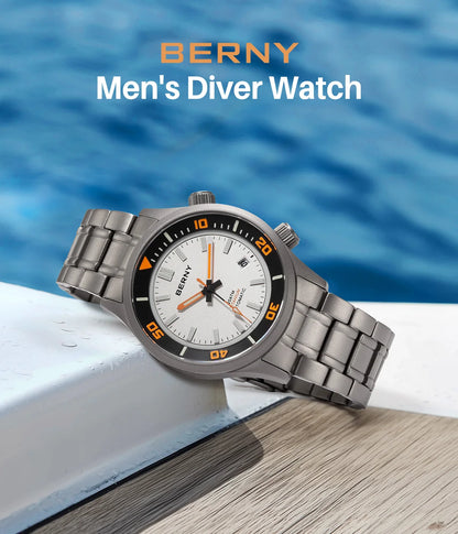 BERNY Automatic Full Titanium Diver Watch For Men Supper Luminous Sappire AR Coated Miyota 8215 Dual Crown Mechanical Dive Watch